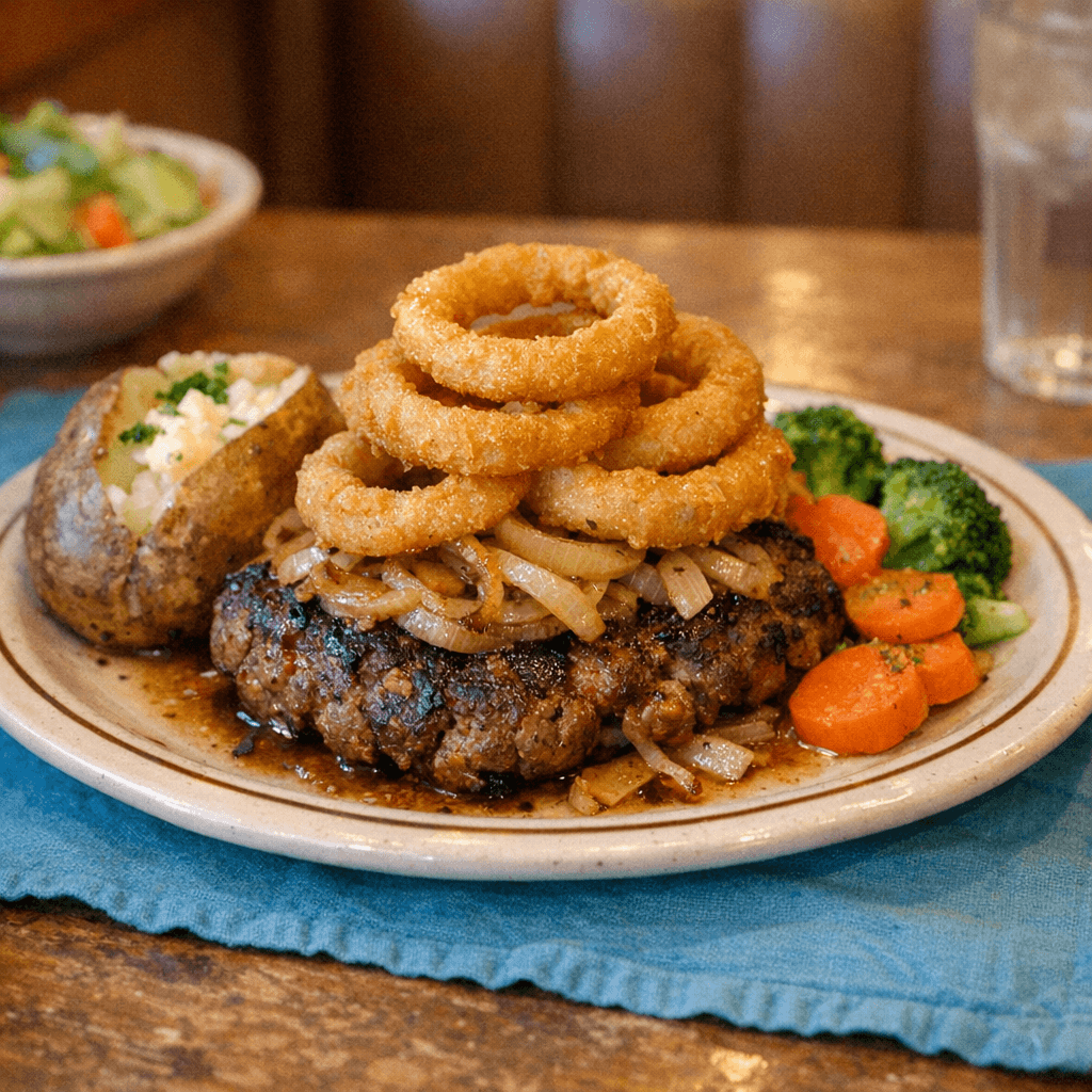 Broiled Chopped Steak Topped With Onion Rings
