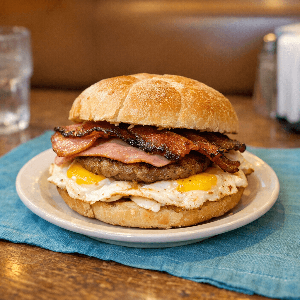 Fried Egg With Ham, Beef Bacon, Sausage