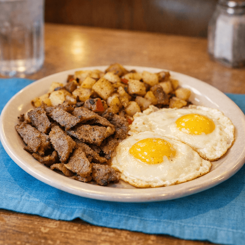 Two Eggs with Sliced Gyro Meat & Home Fries